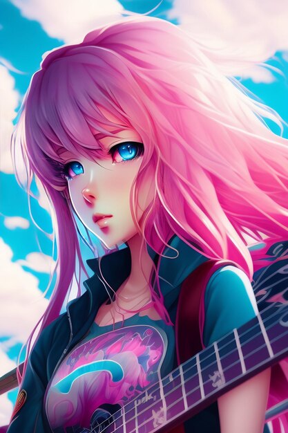 Una chica con el pelo rosa y una guitarra.