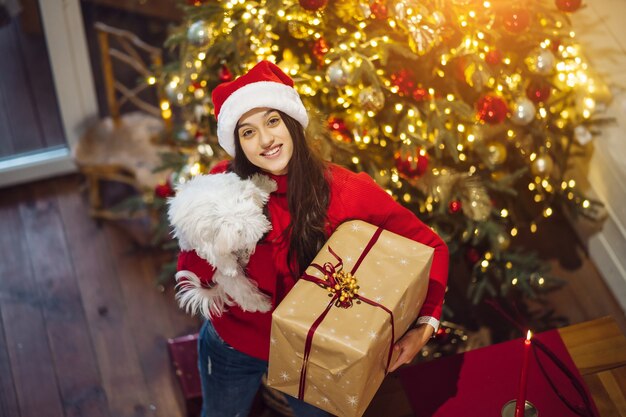 Chica con un regalo y un perro pequeño en el fondo de un árbol de navidad