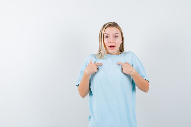 Chica rubia apuntando a sí misma con los dedos índices en camiseta azul y mirando sorprendida. vista frontal.
