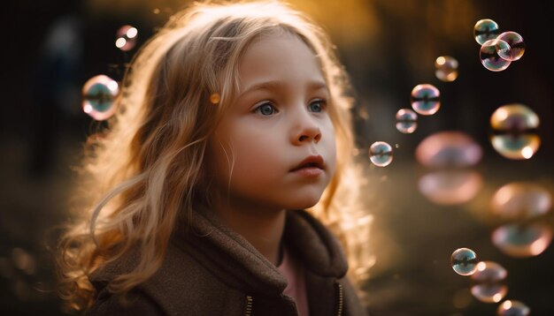 Foto gratuita chica rubia haciendo burbujas disfrutando de una infancia sin preocupaciones generada por ia