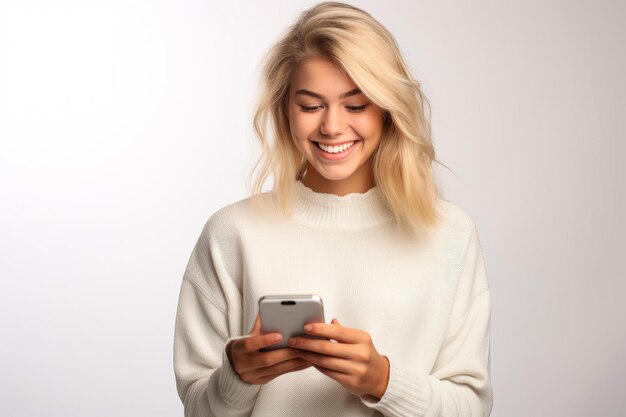 Chica rubia sonriendo mientras sostiene el teléfono inteligente