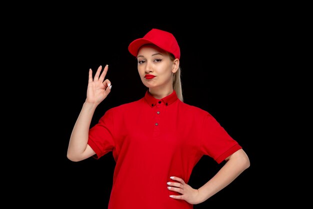 Chica segura del día de la camisa roja que muestra el signo ok en una gorra roja con camisa con lápiz labial