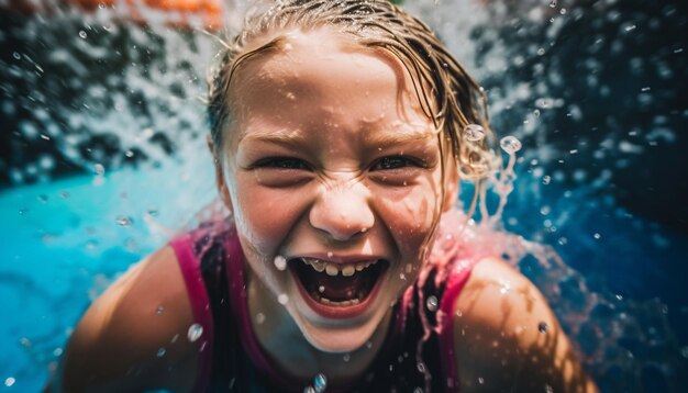 Chica sonriente chapoteando en el agua generada por IA