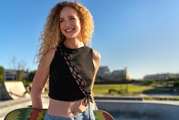 Chica sonriente de vista frontal en skate park