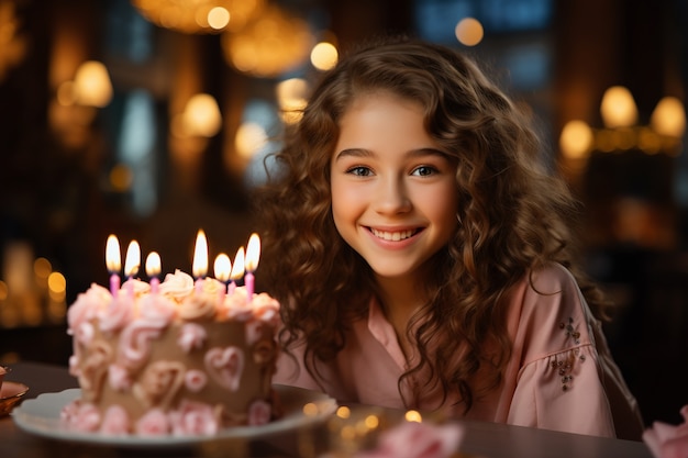 Chica sosteniendo un delicioso pastel de cumpleaños