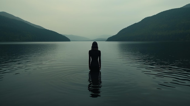 Una chica con su espalda en el lago