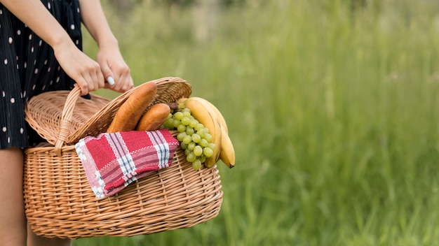 Foto gratuita chica sujetando cesta de picnic