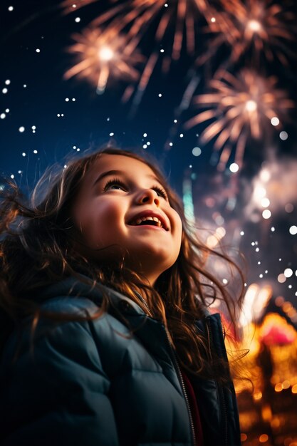 Una chica de tamaño medio mirando fuegos artificiales.