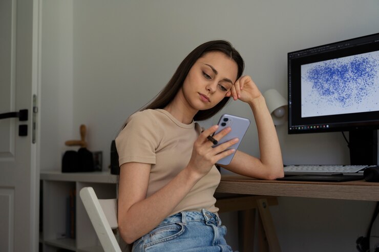 Foto gratuito una chica de tamaño medio con un teléfono inteligente.