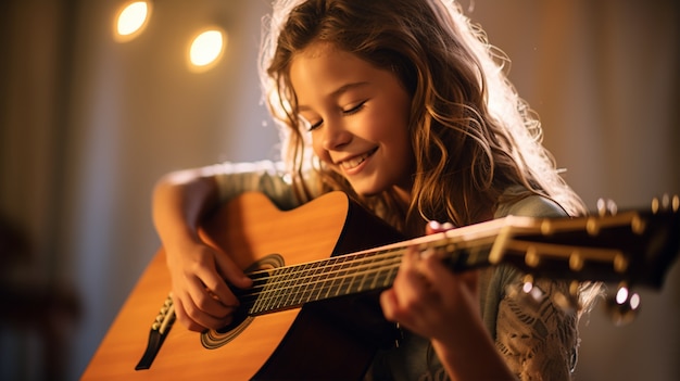 Una chica de tamaño medio tocando la guitarra.