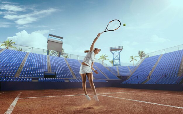 Chica de tenis en una cancha de tenis profesional