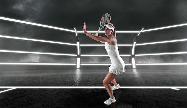 Chica de tenis en una cancha de tenis profesional