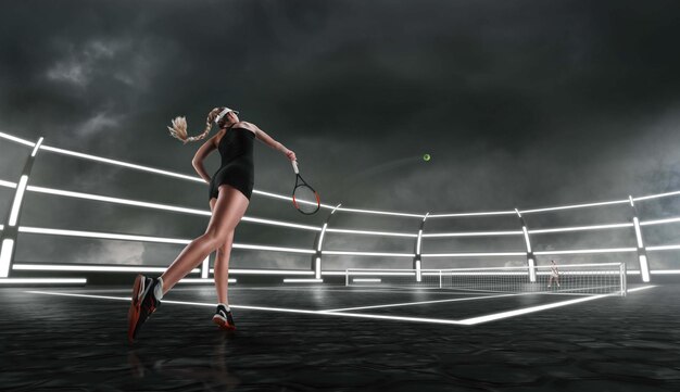 Chica de tenis en una cancha de tenis profesional