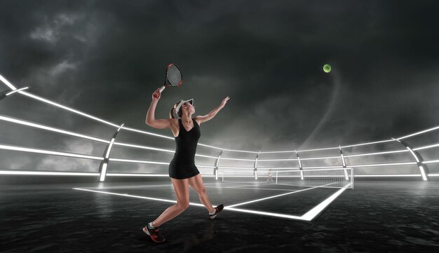 Chica de tenis en una cancha de tenis profesional