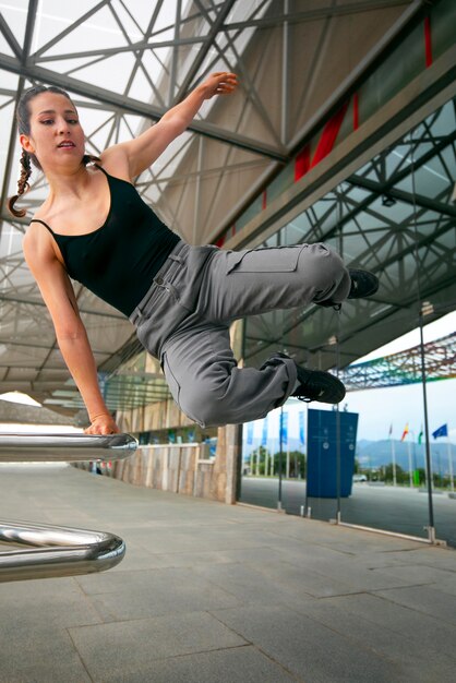 Chica de tiro completo haciendo entrenamiento de parkour