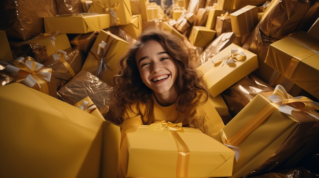 Chica de tiro medio celebrando con regalos