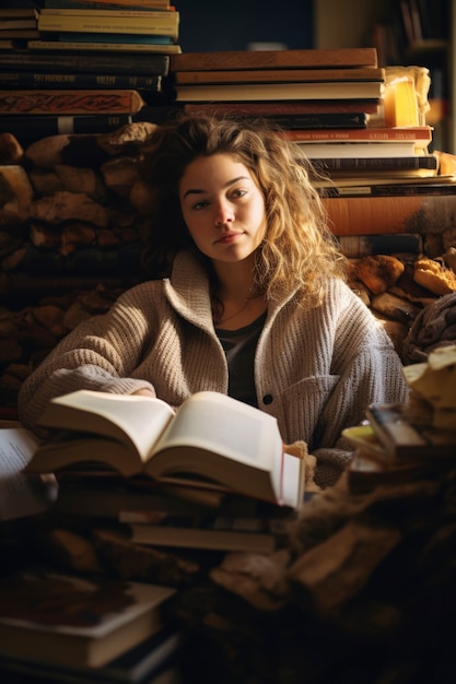 La chica de la vista delantera pasando tiempo en la biblioteca