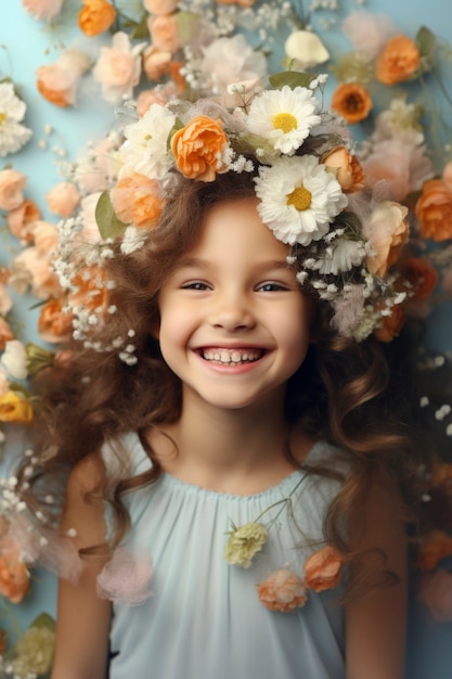 Chica de la vista delantera posando con hermosas flores