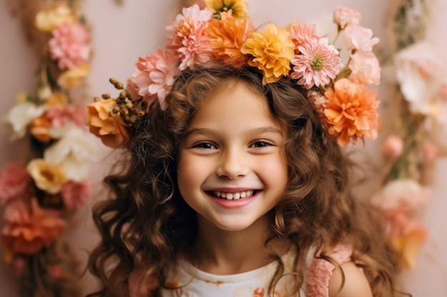 Chica de la vista delantera posando con hermosas flores