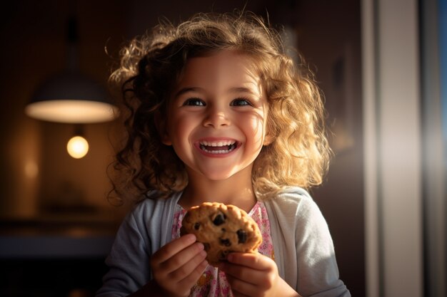 Chica de vista frontal con deliciosa galleta