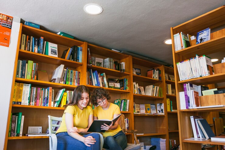 Foto gratuito chicas adolescentes leyendo en la acogedora biblioteca