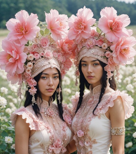Chicas asiáticas con tocados florales al aire libre