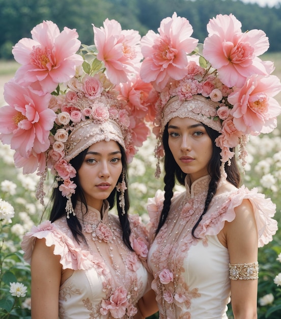 Chicas asiáticas con tocados florales al aire libre