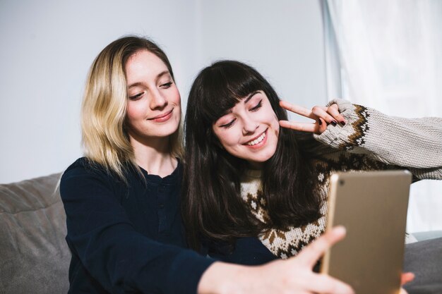 Chicas atractivas que toman selfie con almohadilla