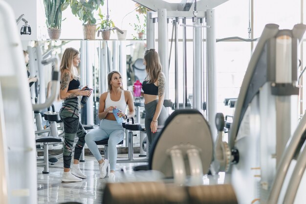 Chicas atractivas en ropa deportiva en el gimnasio se comunican. Vida deportiva y ambiente de fitness.