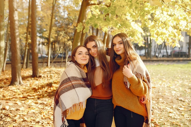 Chicas elegantes y con estilo en un parque de otoño