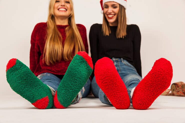 Foto gratuito chicas felices con calcetines de invierno