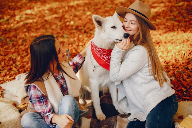 Chicas guapas se divierten en un parque de otoño