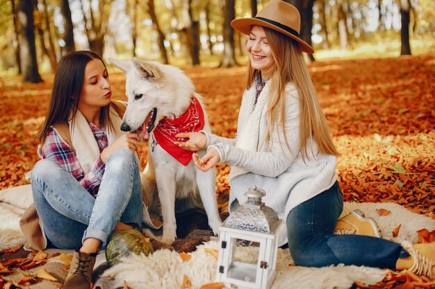 Chicas guapas se divierten en un parque de otoño