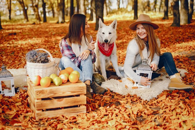 Chicas guapas se divierten en un parque de otoño