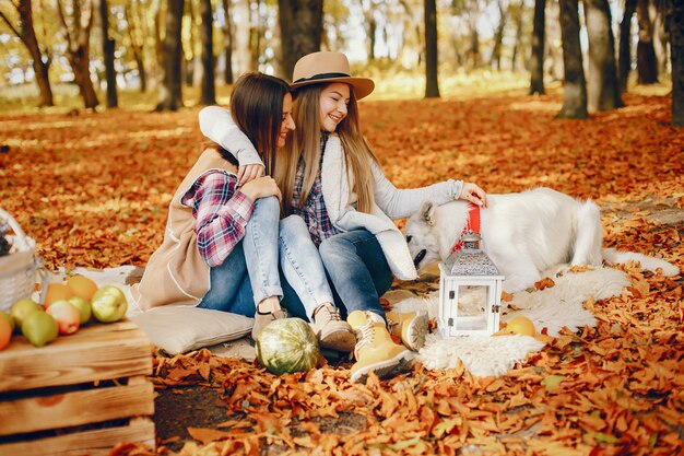 Chicas guapas se divierten en un parque de otoño