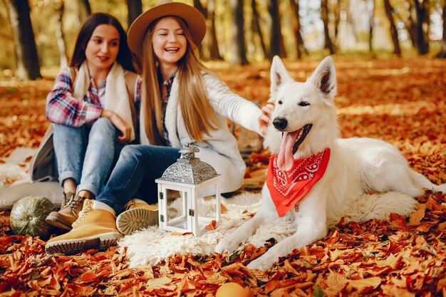 Chicas guapas se divierten en un parque de otoño