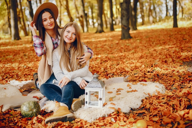 Chicas guapas se divierten en un parque de otoño