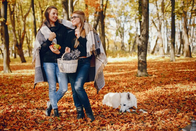 Chicas guapas se divierten en un parque de otoño