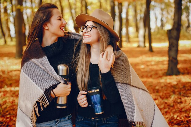 Chicas guapas se divierten en un parque de otoño