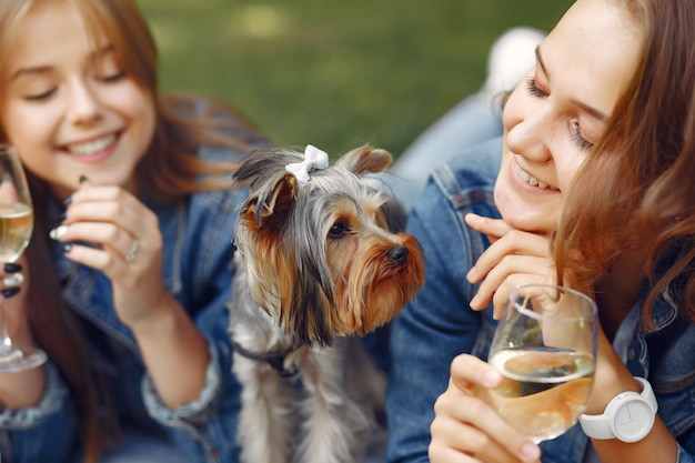 Foto gratuita chicas lindas en un parque jugando con perrito