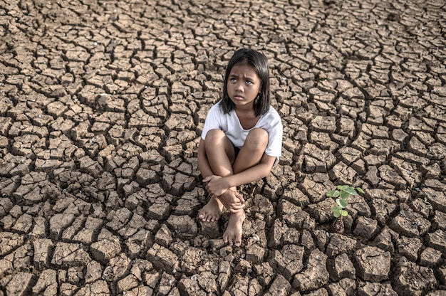 Chicas sentadas abrazando sus rodillas, mirando al cielo y teniendo árboles en tierra seca