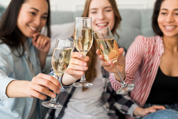 Chicas sonrientes y sentadas sosteniendo copas y tintineando juntas