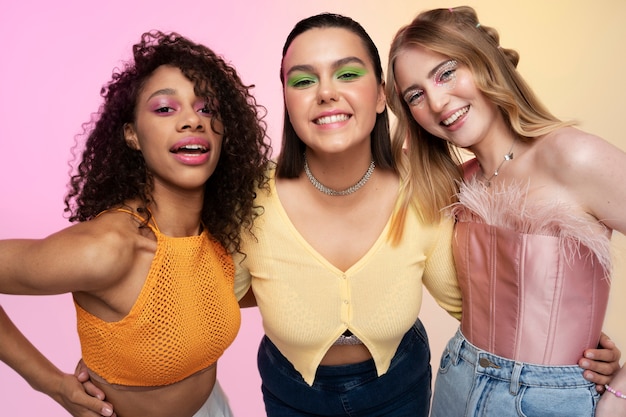 Chicas de vista frontal con maquillaje gen z