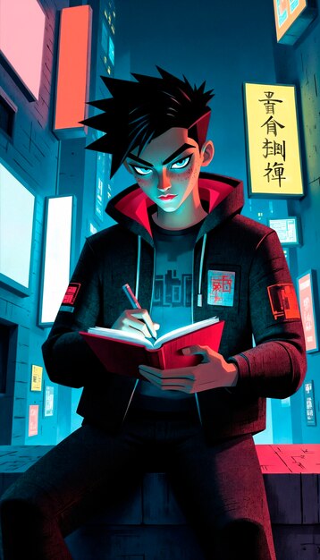 Un chico de anime cyberpunk escribiendo en un libro