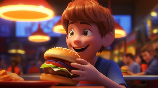 Foto gratuita chico de dibujos animados con hamburguesa