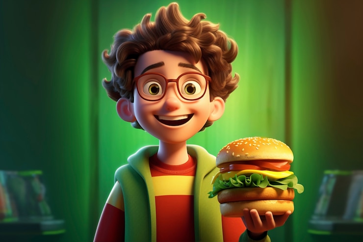 Foto gratuito chico de dibujos animados con hamburguesa