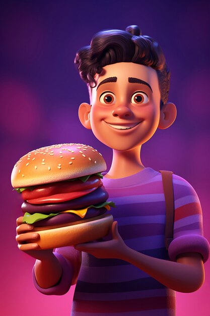 Chico de dibujos animados con hamburguesa