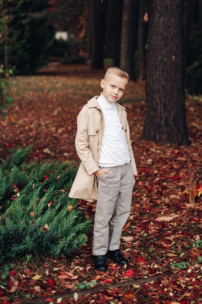 Chico con estilo en un abrigo en otoño en el bosque de otoño del parque