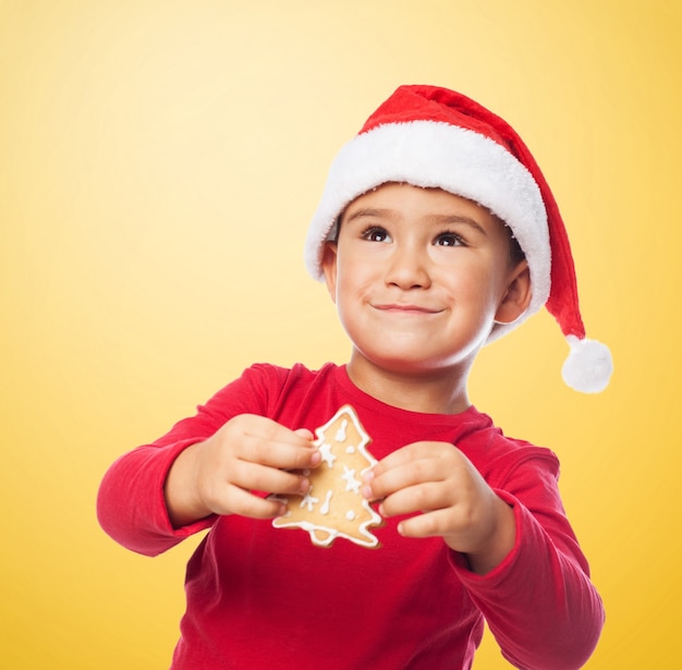 Chico con una galleta de árbol