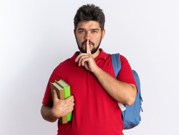 Chico joven estudiante barbudo en polo rojo con mochila sosteniendo cuadernos mirando haciendo gesto de silencio con el dedo en los labios de pie